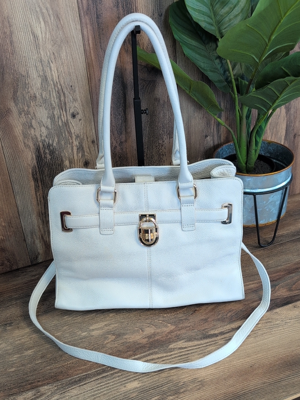 Calvin Klein White Structured Satchel with Gold Hardware M472